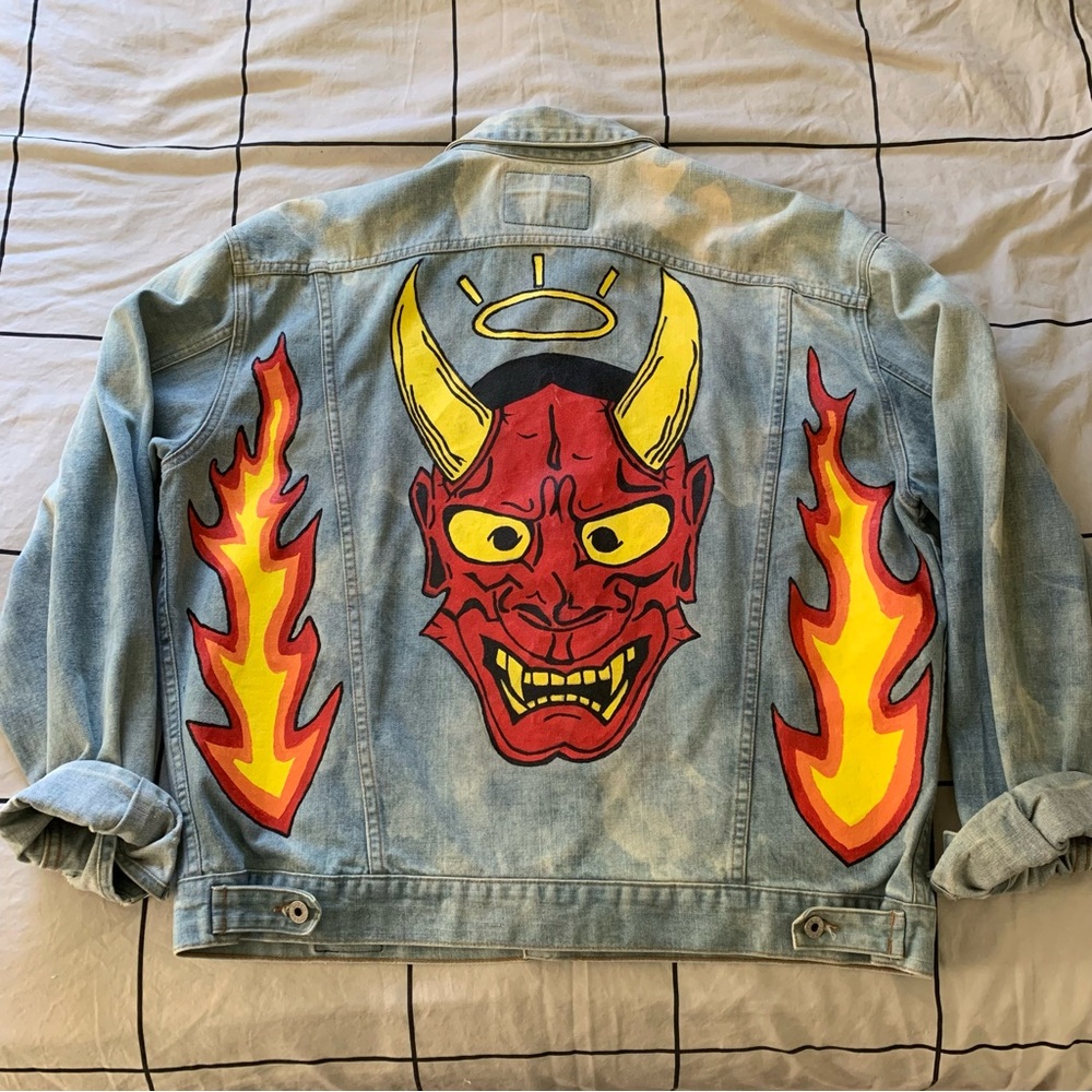 Vintage Guess Denim Jacket Custom Painted Devil